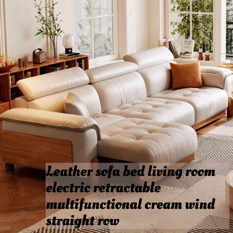 

Nordic Genuine Leather Sofa Bed Electric Power Pull Out Expandable Multifunctional Living Room Cream Straight Home Furniture