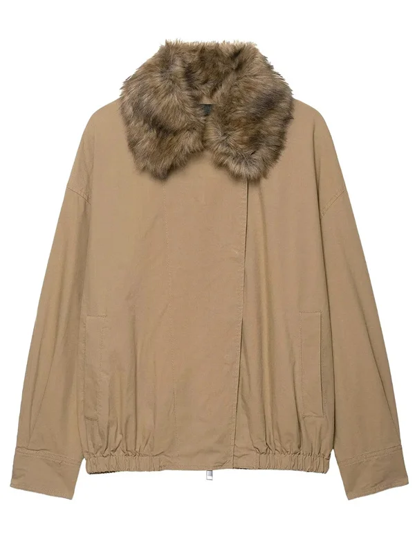 عارضة Sle الفراء الاصطناعي طوق الطيار Jaet جديد الخريف المرأة Faion ملابس خارجية سستة إغلاق طويل Sve اللون