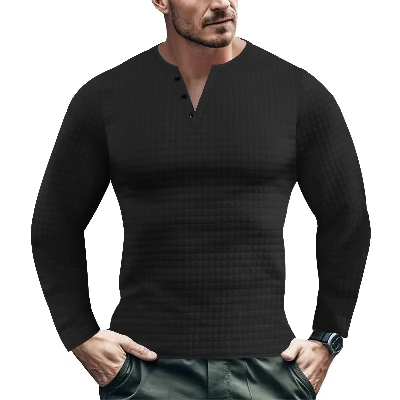 2024 new autumn and winter trend small grid sports slim fit breathable men's long sleeved t-shirt casual Henley shirt