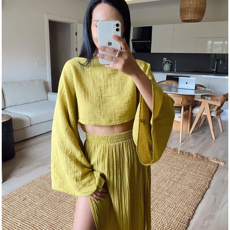 여름 패션 코튼 린넨 스커트 슈트 여성 O넥 탑 + 사이드 롱 슬릿 스커트 투피스 세트 Y2k 하이 스트릿 캐주얼 루즈핏 의상