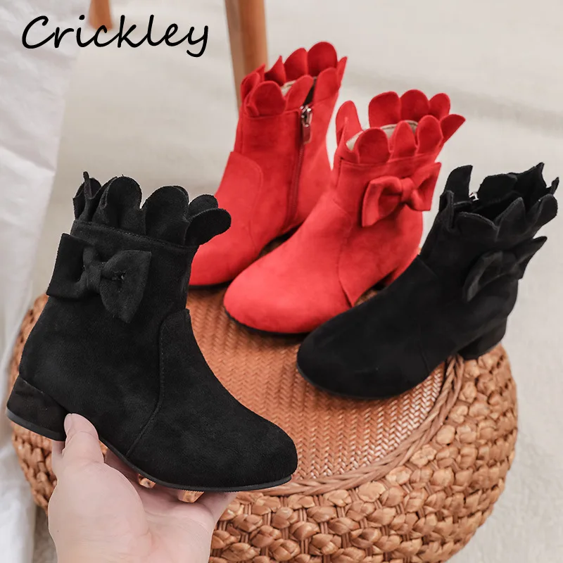 

Spring Autumn Bow Girls Fashion Boots Solid PU Leather Low Heel Kids Princess Boots Party Zip Children Ankle Shoes