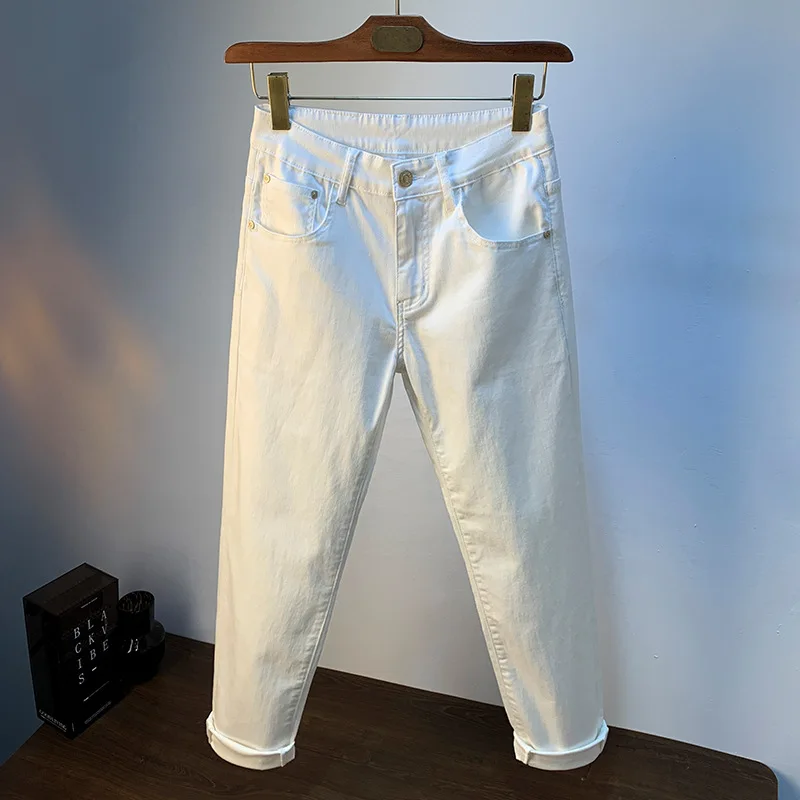 White jeans men's summer thin lyocell stretch soft slim fit skinny high-end simple and light luxury casual trousers