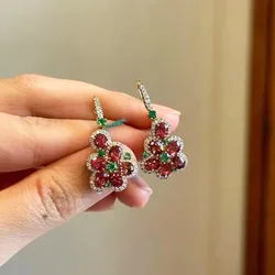 Silver 925 Inlaid dazzling pastoral style showy Red gem Flower earrings for women Small Exquisite Sweet Earings Wedding Jewelry