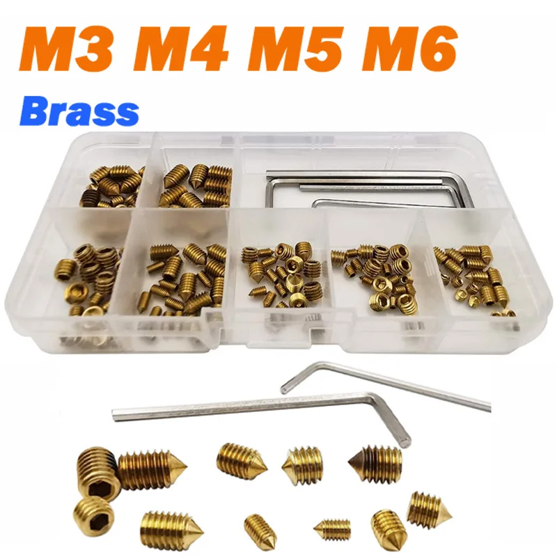1Box Set Screws Assortment Kit M3 M4 M5 M6 Brass Hex Socket Cone Piont Set Screws Grub Bolt With Allen Key Set