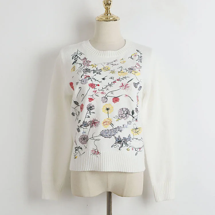 Autumn and winter flower embroidered long-sleeved round-neck sweater women top