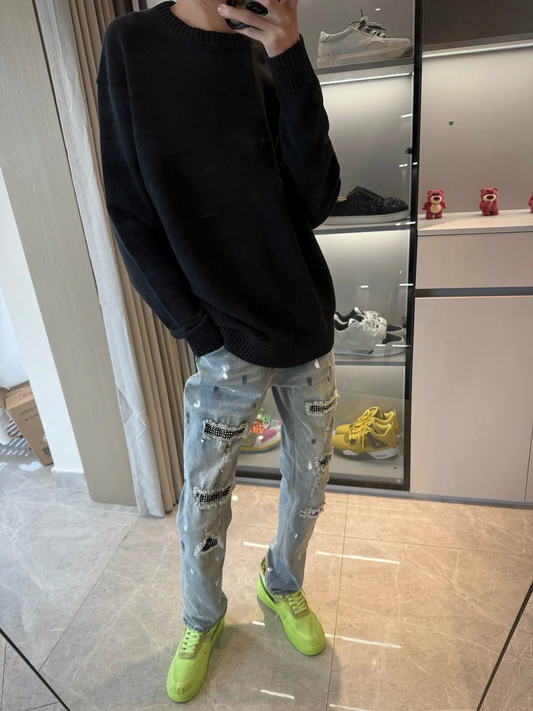 

Trendy High Street Rhinestone Jeans Men's Dye Spill Multiple Rhinestone Hole Blue Long Pants Sli Slim Straight Tube Pants