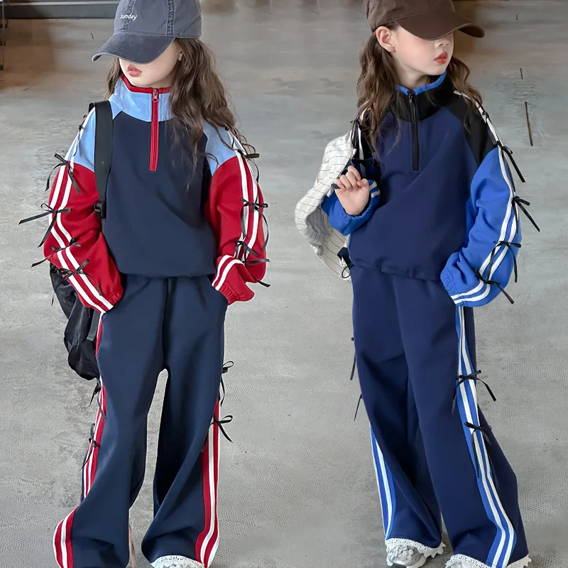 

2025 Autumn Children Girls 2pcs Sets Bowknot Striped Primary School Student Girls Suit Long Sleeves Sweatshirt+Sport Pant Outfit