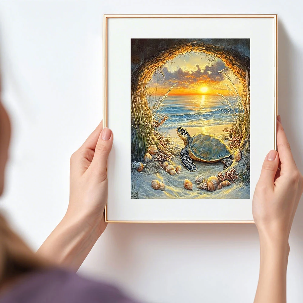 5D DIY Diamantmalerei Sonnenuntergang Meeresschildkröte Diamantstickerei Tier-Landschaft Komplettset Neuheiten, Rahmenlos