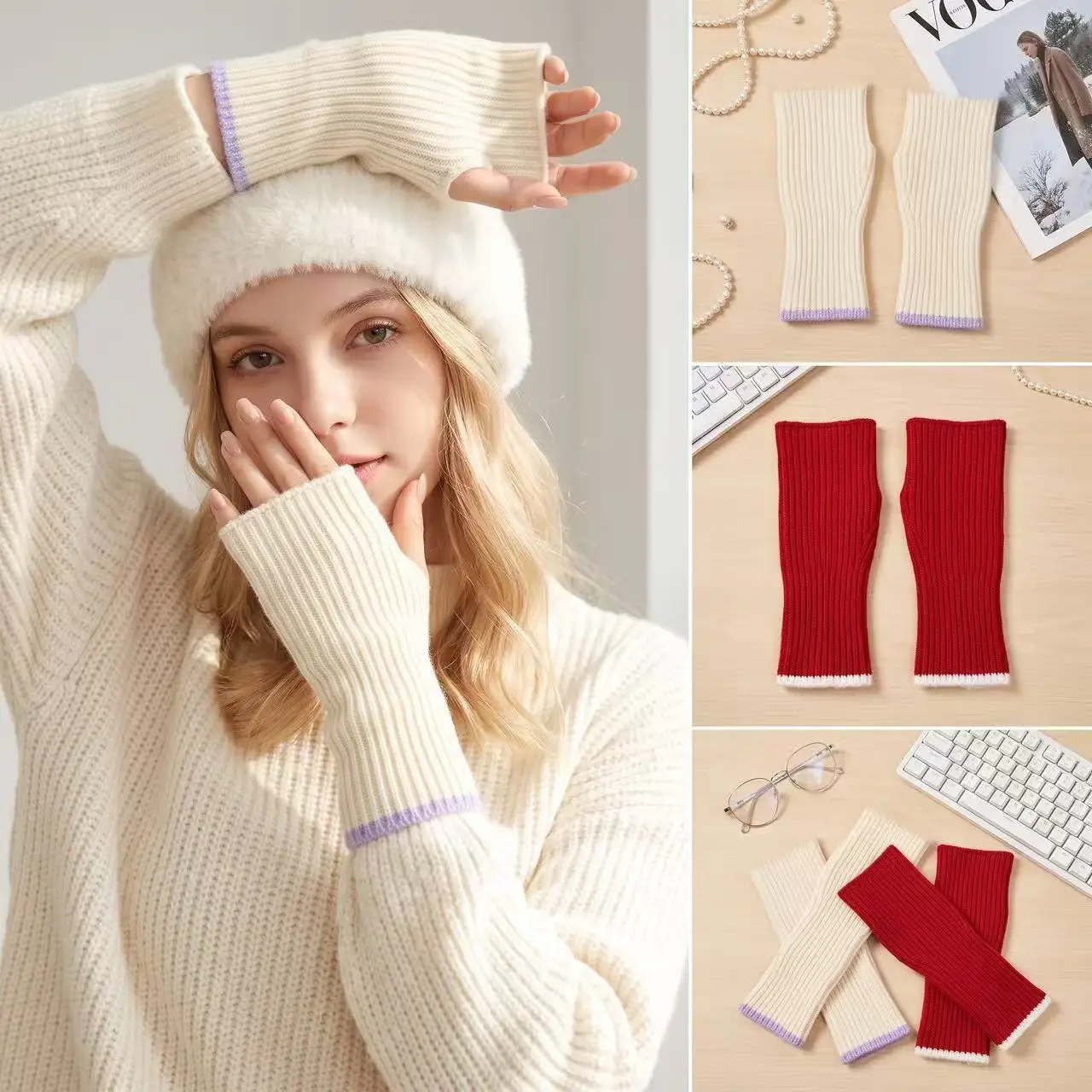 Women Autumn Winter Thick Knit Long Gloves Color Block Ribbed Fingerless Typing Half Finger Mittens Warm Wrist Sleeves Unisex