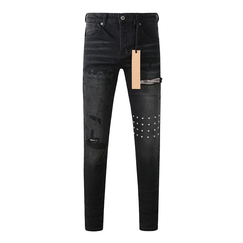 Pantalones vaqueros rasgados con botones de alta calidad ajustados elásticos negros oscuros desgastados de High Street para hombre