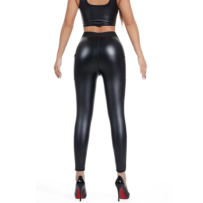 Novo estilo feminino corpo shaper elástico leggings de couro falso calças finas sexy collants cintura trainer shapewear calcinha com bolsos