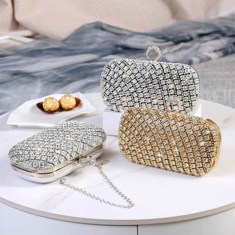 

Sparkly Diamond Evening Bags for Women 2024 Finger Ring Clutch Bag Chain Shoulder Handbags Luxury Wedding Party Purse Sac A Main