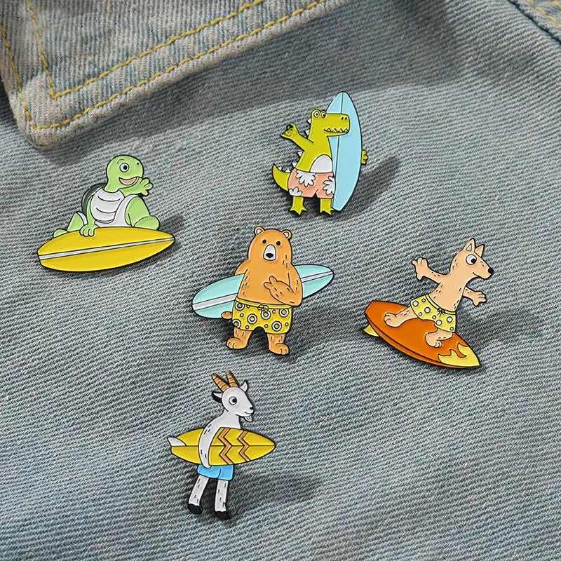 Ocean Surfing Enamel Pins Custom Animal Goat Bear Dog Crocodile Turtle Brooches Lapel Pin Shirt Bag Badge Cartoon Sea Jewelry