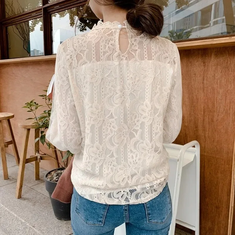 Casual Hook Hollow Flower Mesh Blouse Elegant Lantern Long Sleeve Clothes Fashion Ruffled Stand Collar White Shirt Female Blusas