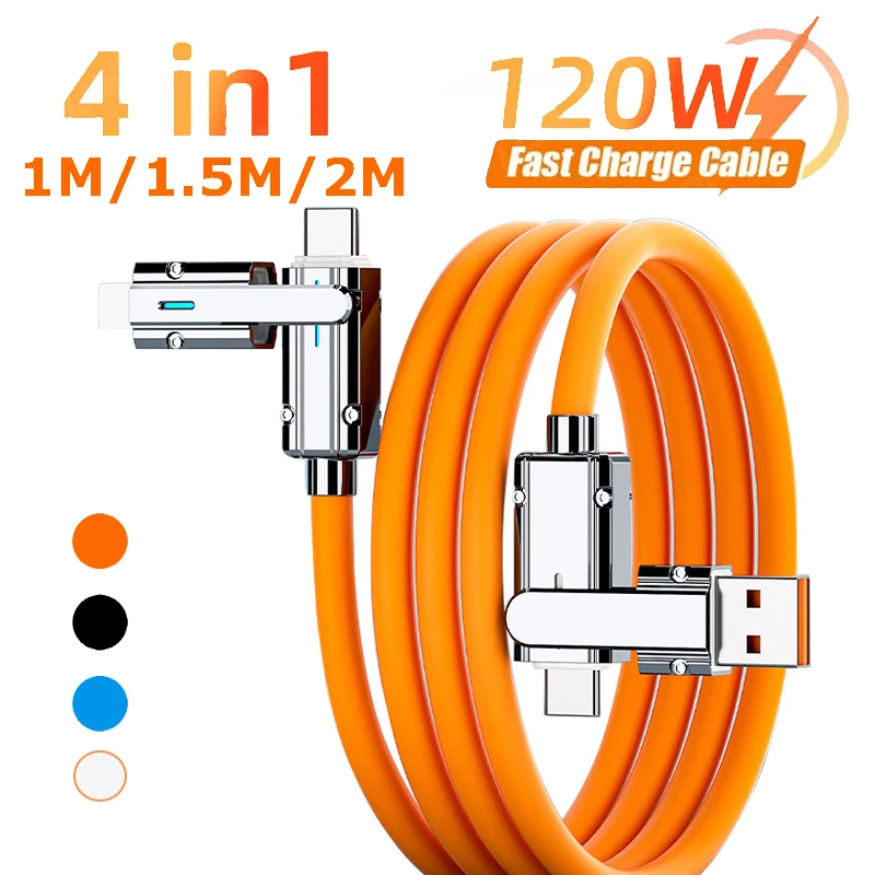 4 In 1 120W USB Type-C Cable PD 100W USB C To USB C for iPhone 15 Pro Max 3 IN 1 Fast Charging Charger Data Cable 1M/1.5M/2M