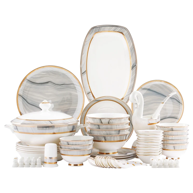 Tableware set, bowl set, household light luxury edge 60 heads, new dishes for 10 people, bowl and chopsticks set