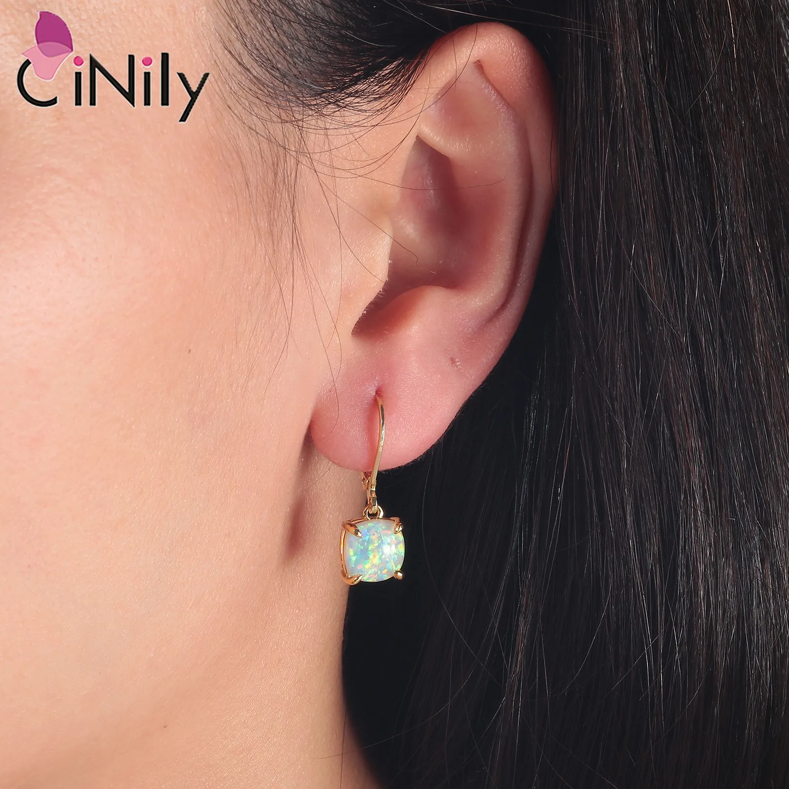 CiNily White Fire Opal Drop Dangle Earrings With Square Stone Rose Gold/Silver Plated Fashion Jewelry for Woman Gifts