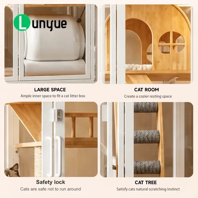Luxury Vertical Cat Villa with Built-in Scratching Board Rope Square Cat House Fence Double Sliding Door for Indoor Pets