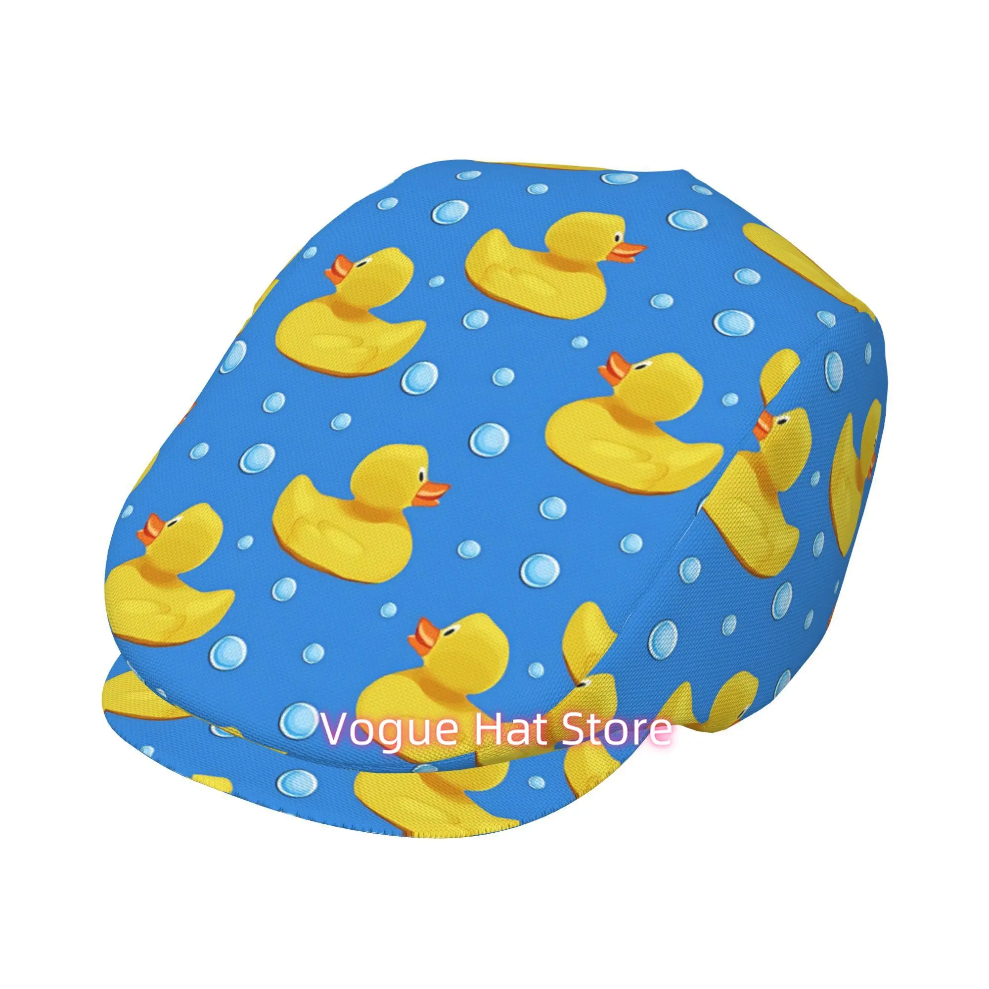 One Yellow Rubber Duck Beret with an All-Over Print, a Vintage Newsboy Cap That Is Unisex And Essential for Both Outdoor Fun And