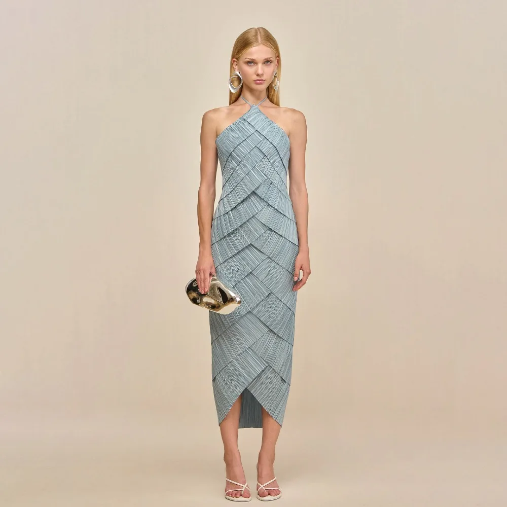 Women Halter Backless Maxi Dress Sleeveless Ruched Layered Evening Banquet Party Formal Dress