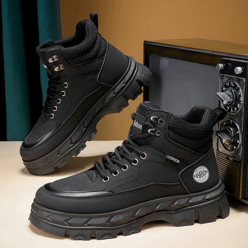Autumn Winter Men's High Top Work Boots Chunky Sole Comfortable Casual Shoes Non-Slip Outdoor Lace Up Ankle Boots Thick Platform