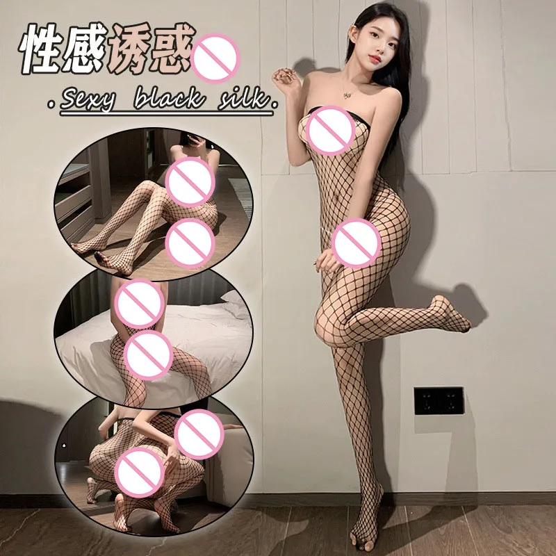 

Женское боди для ночной выпечки, нижнее белье, сексуальное искушение, открытые сетчатые носки, униформа, цельный черный шелковый комплект, экзотические боди