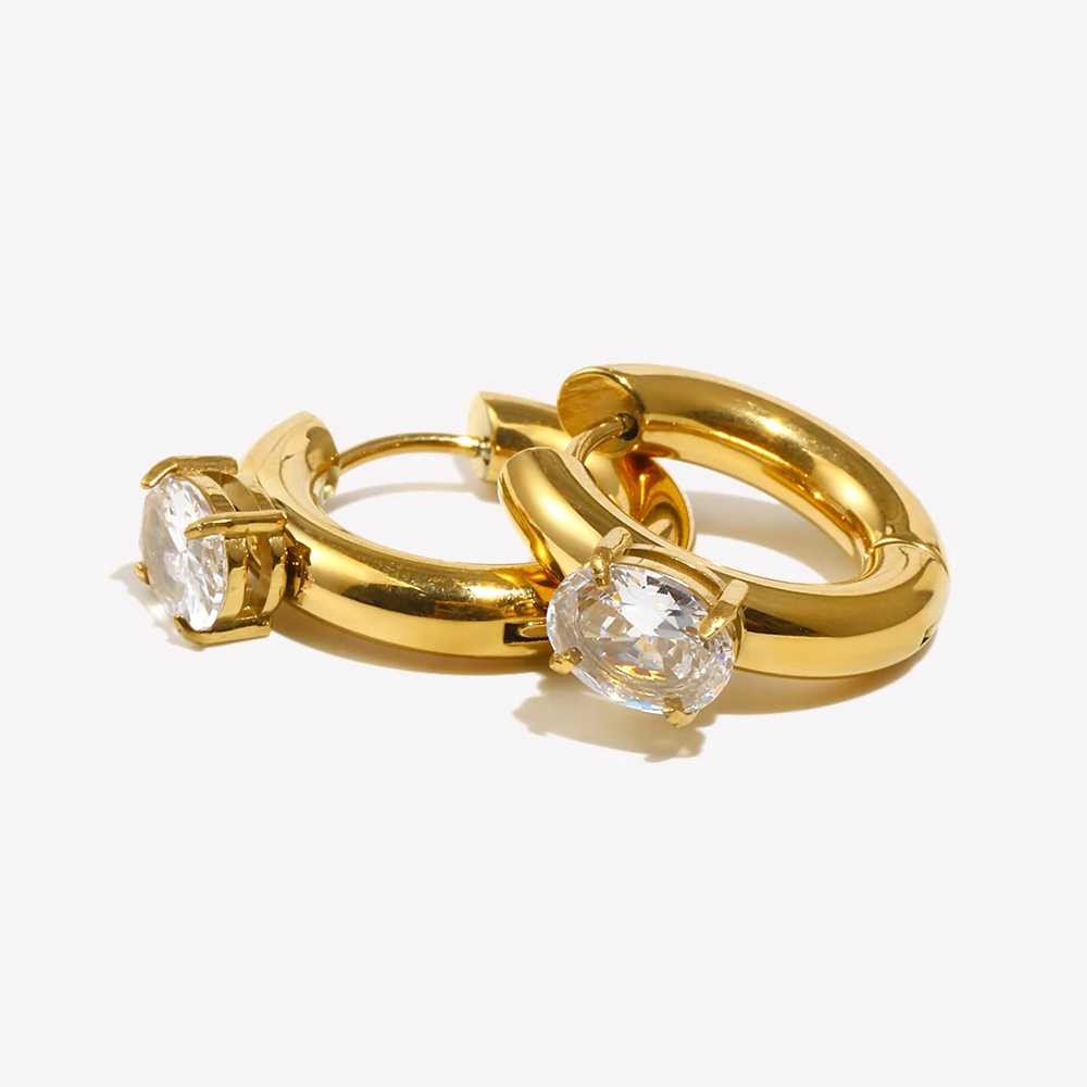 Classcial Thick Chunky Gold Plated Round Hoop Earrings For Woman Stainless Steel Waterproof Oval Zircon Crystal Earring