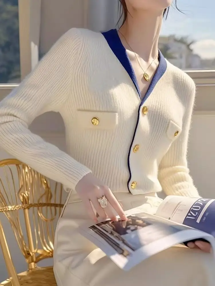 

Women's Clothing New Chic Button Soft Elastic Sweaters Autumn Winter Temperament V-neck Slim Knitted Cardigan 2025 Korean Tops