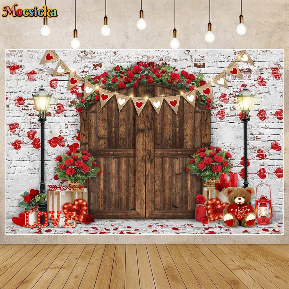 

Mocsicka Valentine's Day Photography Background Brown Wooden Door Brick Wall Roses Love Heart Backdrop Photo Studio Shoot Props