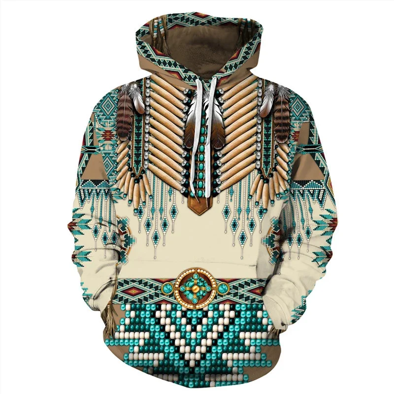 Retro Ethnic Pattern Hoodie For Men Tribal Costumes 3D Printed Long Sleeves Casual Pullover Street Tops Hoodies Loose Sweatshirt