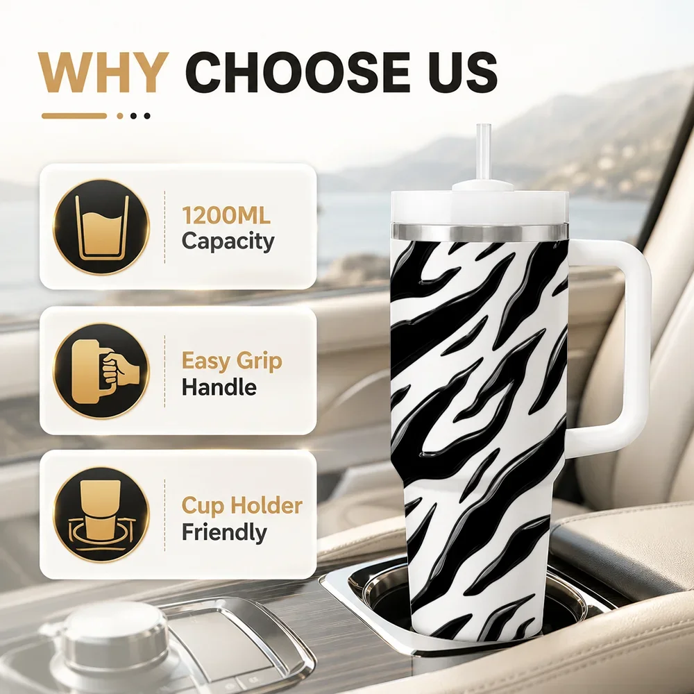 Mono Animal Minimal Gift for Men Vacuum Flasks 40oz Leakproof Steel Tumbler w/ Lid Straw Handle Hot Cold Drinks