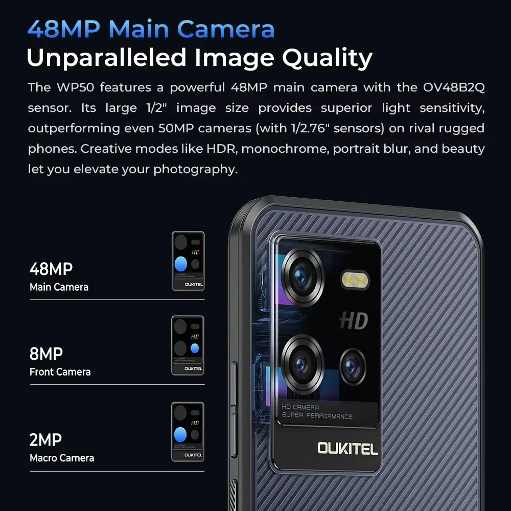 هاتف ذكي Oukitel WP50 5G قوي 16Go (4 + 12) RAM /256go ROM "HD + 6500mAh 48MP Android 14 NFC GPS بشريحتين