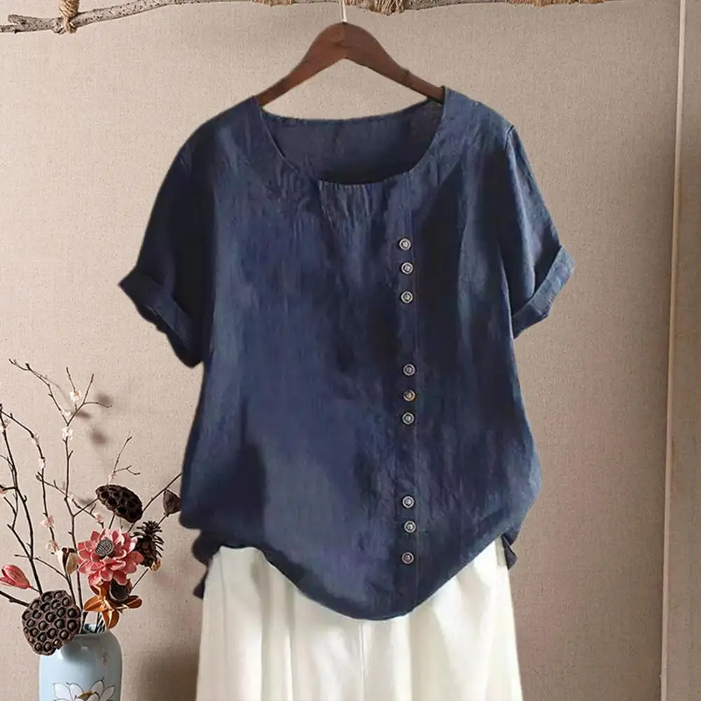 ผู้หญิงผ้าฝ้ายลินินดอกไม้พิมพ์เสื้อแขนสั้นเสื้อฤดูร้อน Lady Retro Vintage หลวมเสื้อ Tops