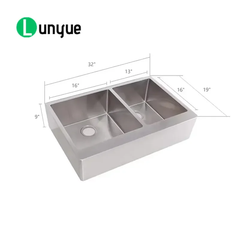 304 Stainless Steel 32 Inch Rectangular Double Bowl Kitchen Sink Handcrafted Apron Front Farmhouse Modern Design Durable