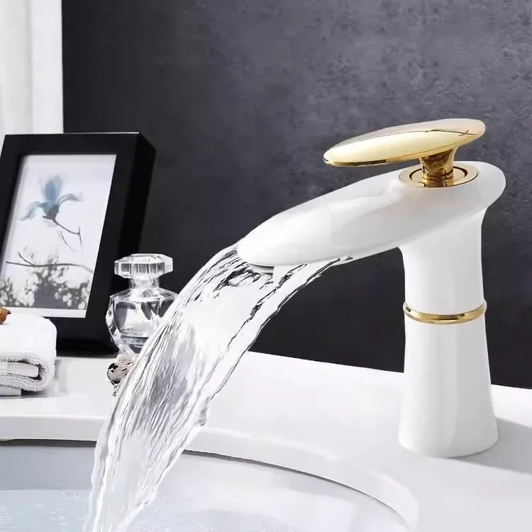 Waterfall Basin Faucet White Gold Hot Cold Mixer Basin Sink Tap Brass Black High Bathroom Mixer Crane Home Hardware Faucet