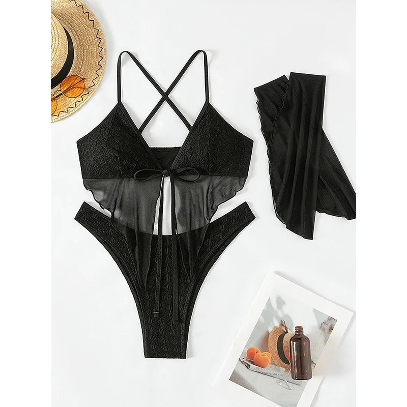 Women's Bikini2024New Pure Color Tied Long Sleeve Beach Swimsuit Triangle Beach Swimsuit