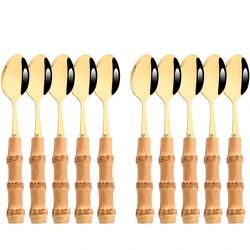 Drmfiy Teaspoon Dinnerware Set Stainless Steel 4/6/10Pcs Coffee Spoons Cutlery Set Kitchen Bamboo Handle Golden Tableware Set