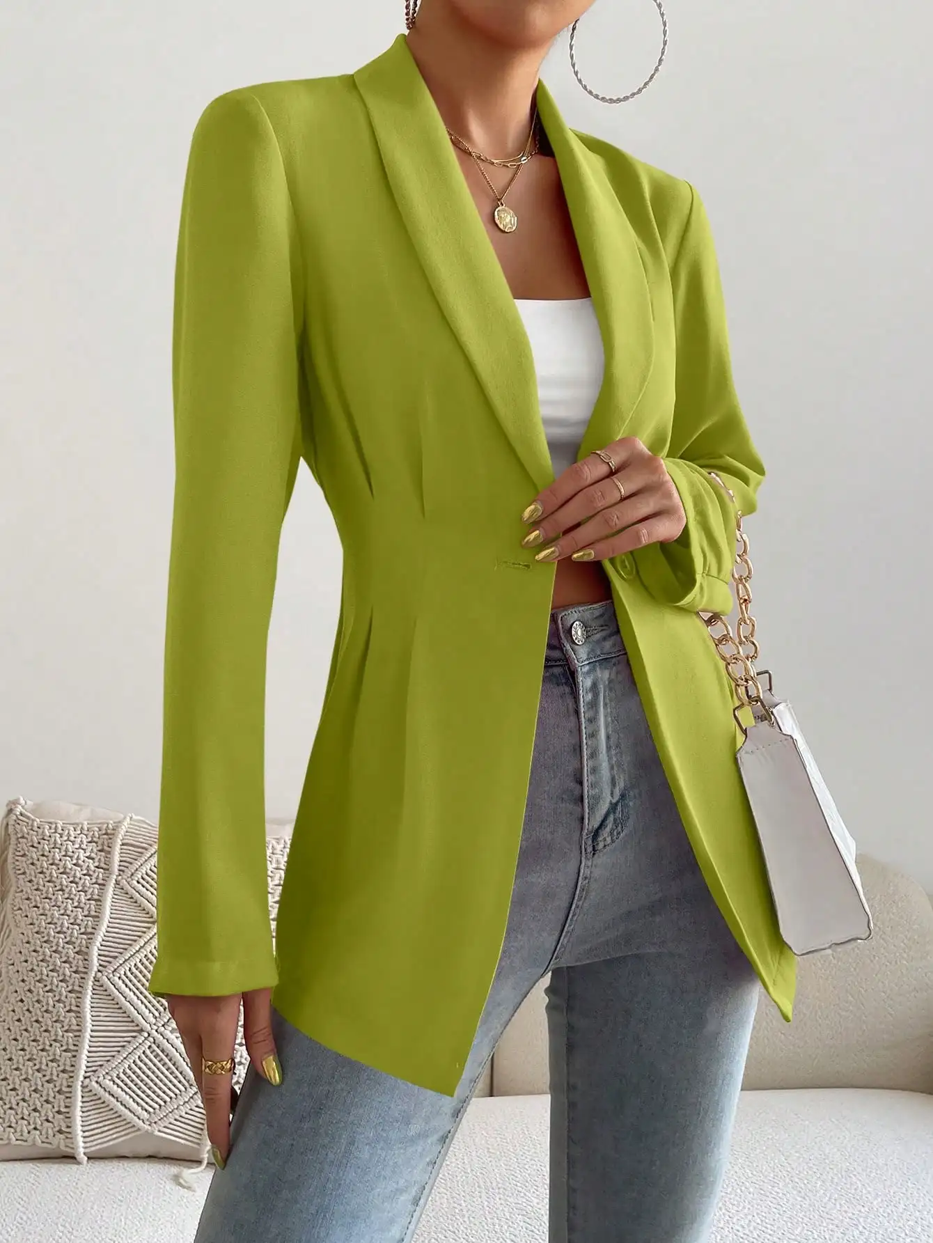 Damen Einfarbiger Klassischer Blazer Langarm Einknopf Slim Fit Büro-Arbeitsjacke Herbst Frühling Formelle Oberbekleidung – Detail 4