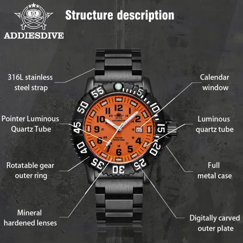 Addies Men Military Watches Leisure Outdoor Sports Luminous Watch Multi-functional Nylon Steel Strap Waterproof Men\'s Quartz Wat