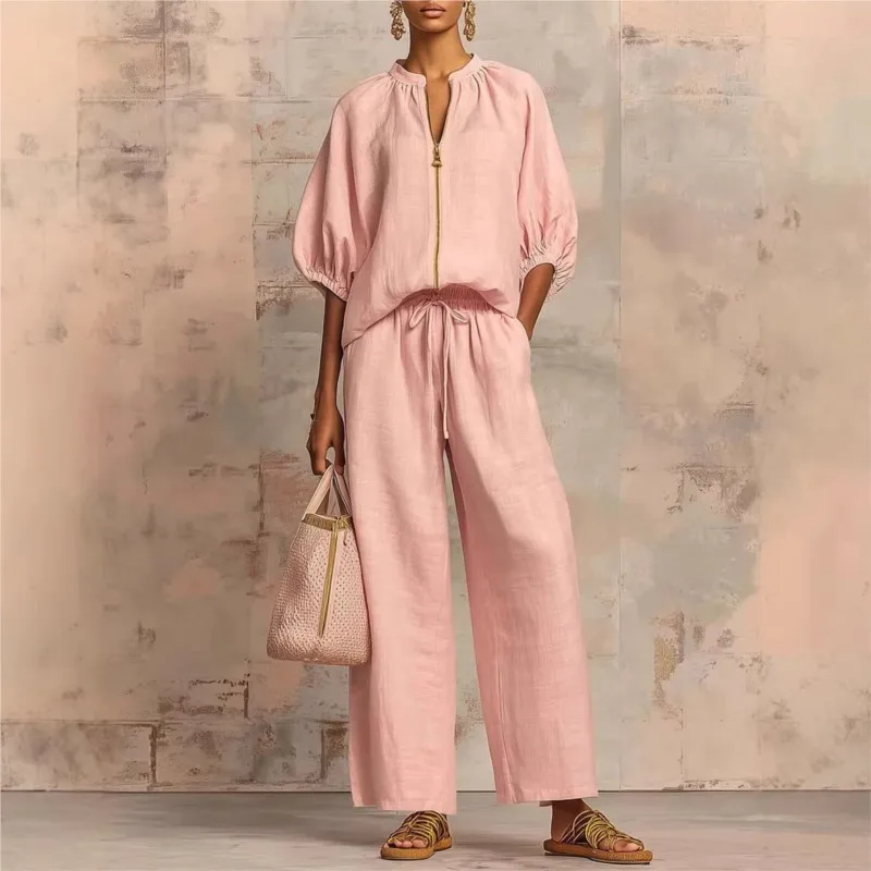 

Летний повседневный женский комплект из двух предметов: топ на молнии с рукавом три четверти и брюки с высокой талией на шнурке, свободный крой, длинные брюки