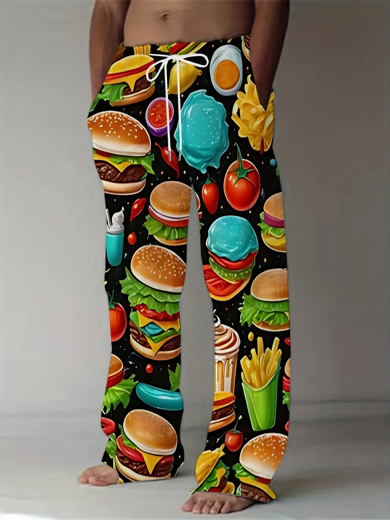 Men's Black Casual Loose-Fit Straight-Leg Pants Vibrant Fast Food Print Retro Streetwear Style Machine Washable Comfort