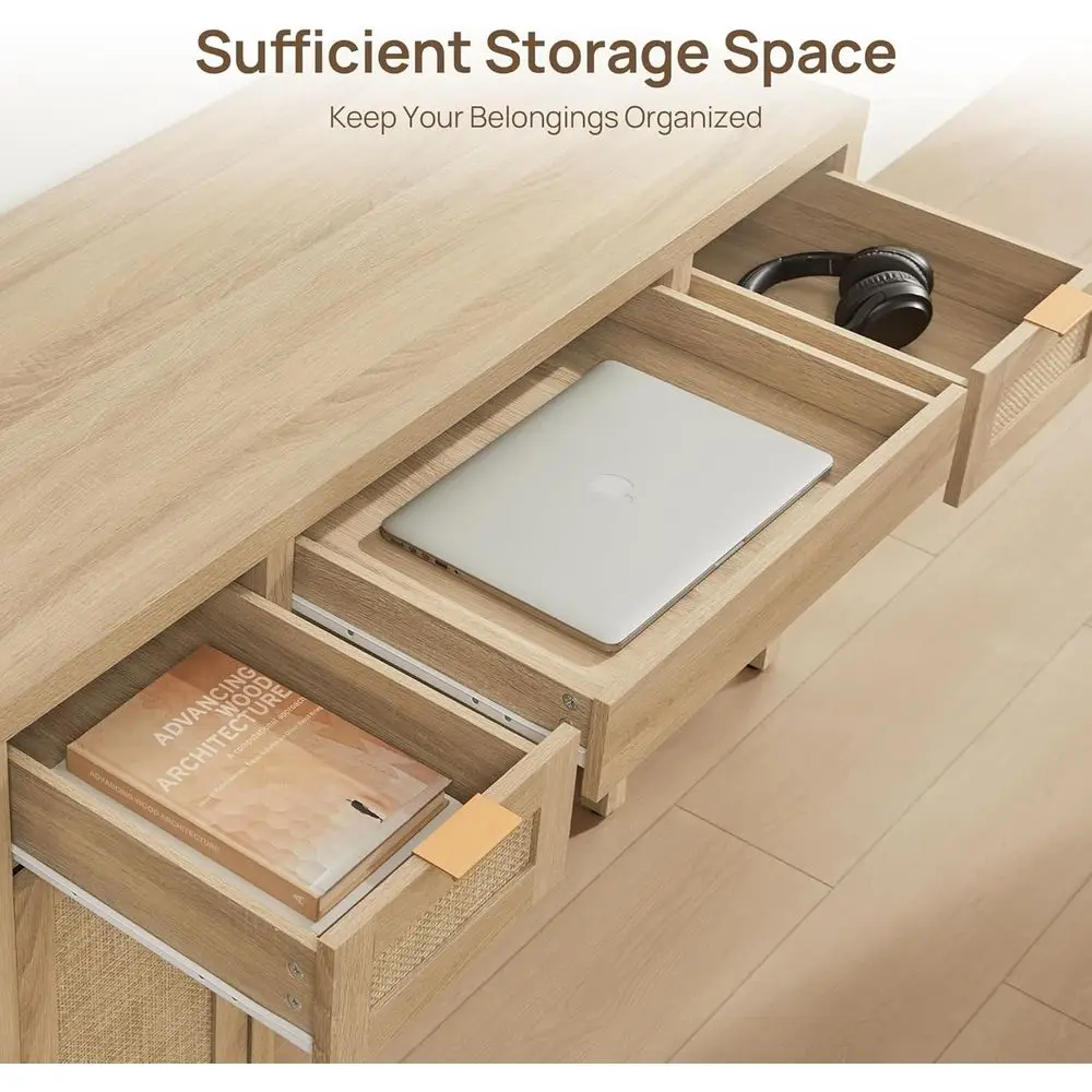 52 Inch Rattan Executive Home Office Desk with Storage 3 Drawers 2 Cabinets Boho Computer for Study Office