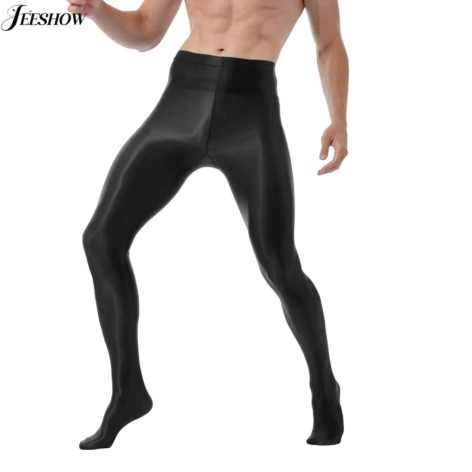 

Men Glossy High Waist Pantyhose Oil Shiny Stretch Footed Leggings Athletic Compression Pants Baselayer Bottom Balle Dance Tights