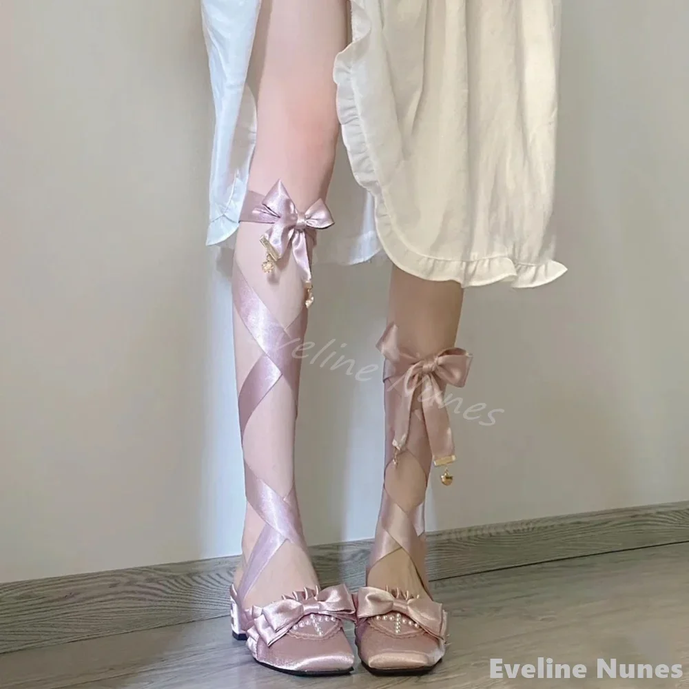 

Pink Purple Cross Strap Ballet Shoes Women Satin Ribbon Butterfly Knot Square Toe Chunky Heels Slipper 2025 Cute Lolita Pumps