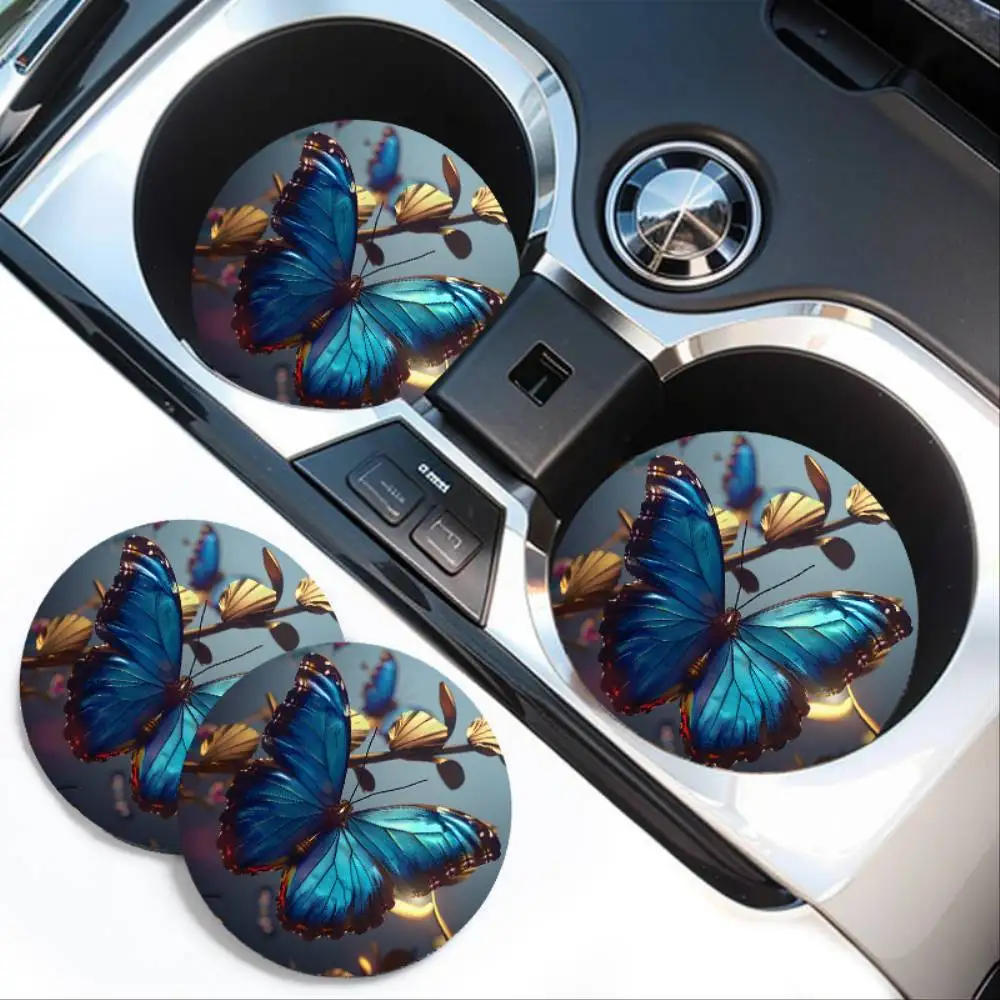 Blue Butterfly EVA Car Cup Holder Coasters 2pcs Absorbent Non-Slip Unique Floral Design Automotive Decor