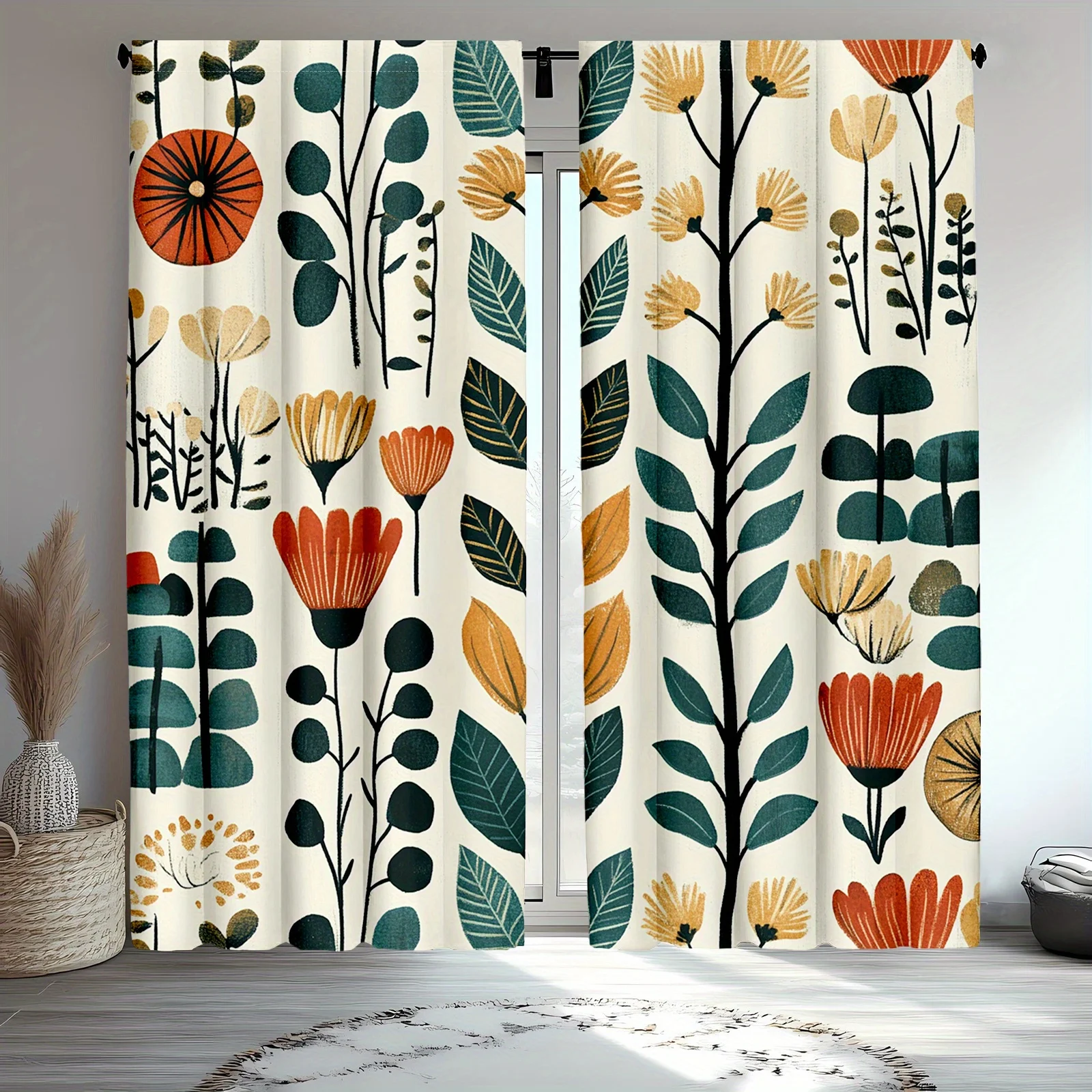 1pc Vintage plant pattern curtains, polyester fabric machine washable, suitable for living room, bedroom, living room decoration