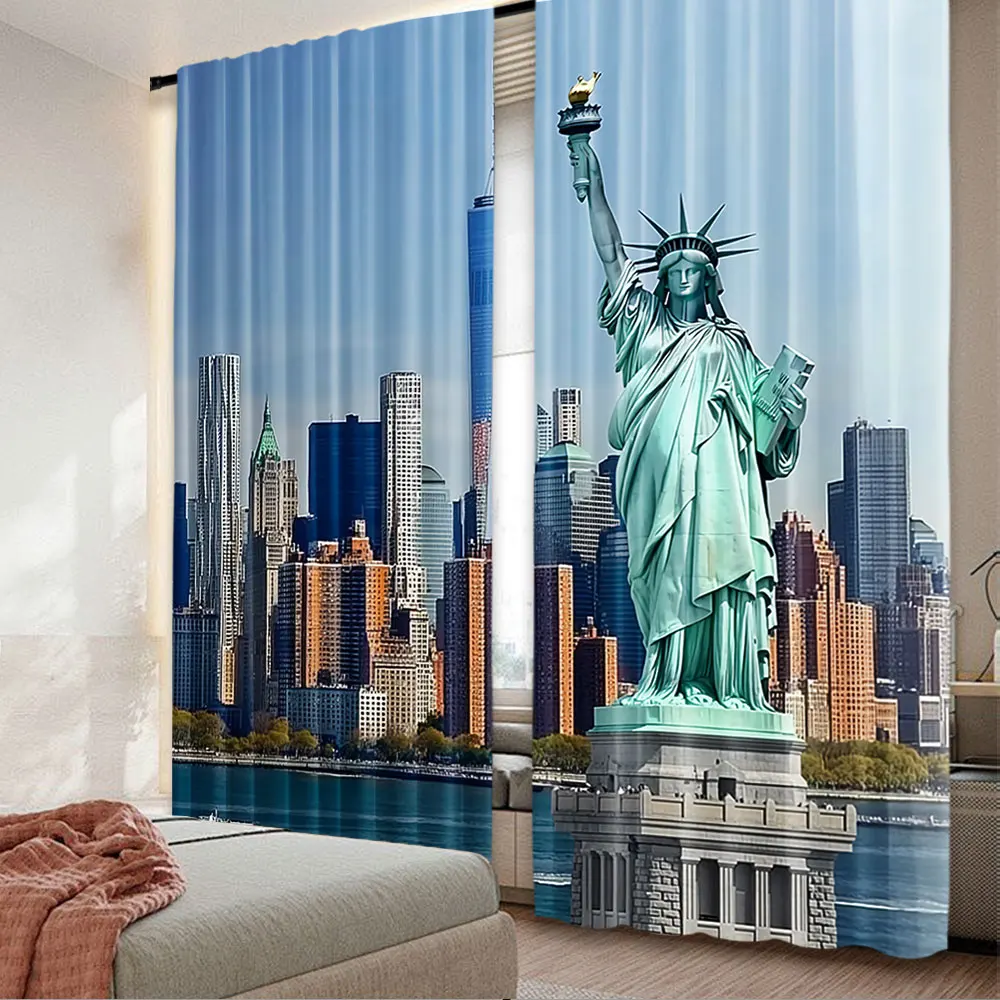

2Pcs New York Curtain Liberty In Nyc Harbor Urban City Famous Cultural Landmark Suitable For Bedroom Bathroom Dining Room Living