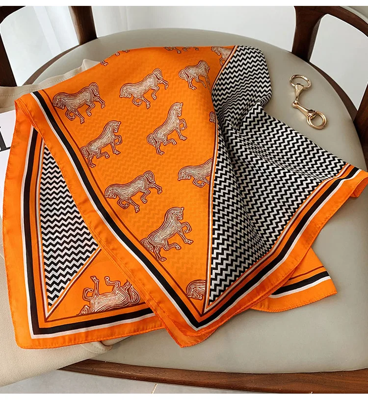 Luxury Brand Orange Horse Print Square Scarf for Women Breathable Warm Polyester Silk-Like Feel Shawl Fashion Hairbands