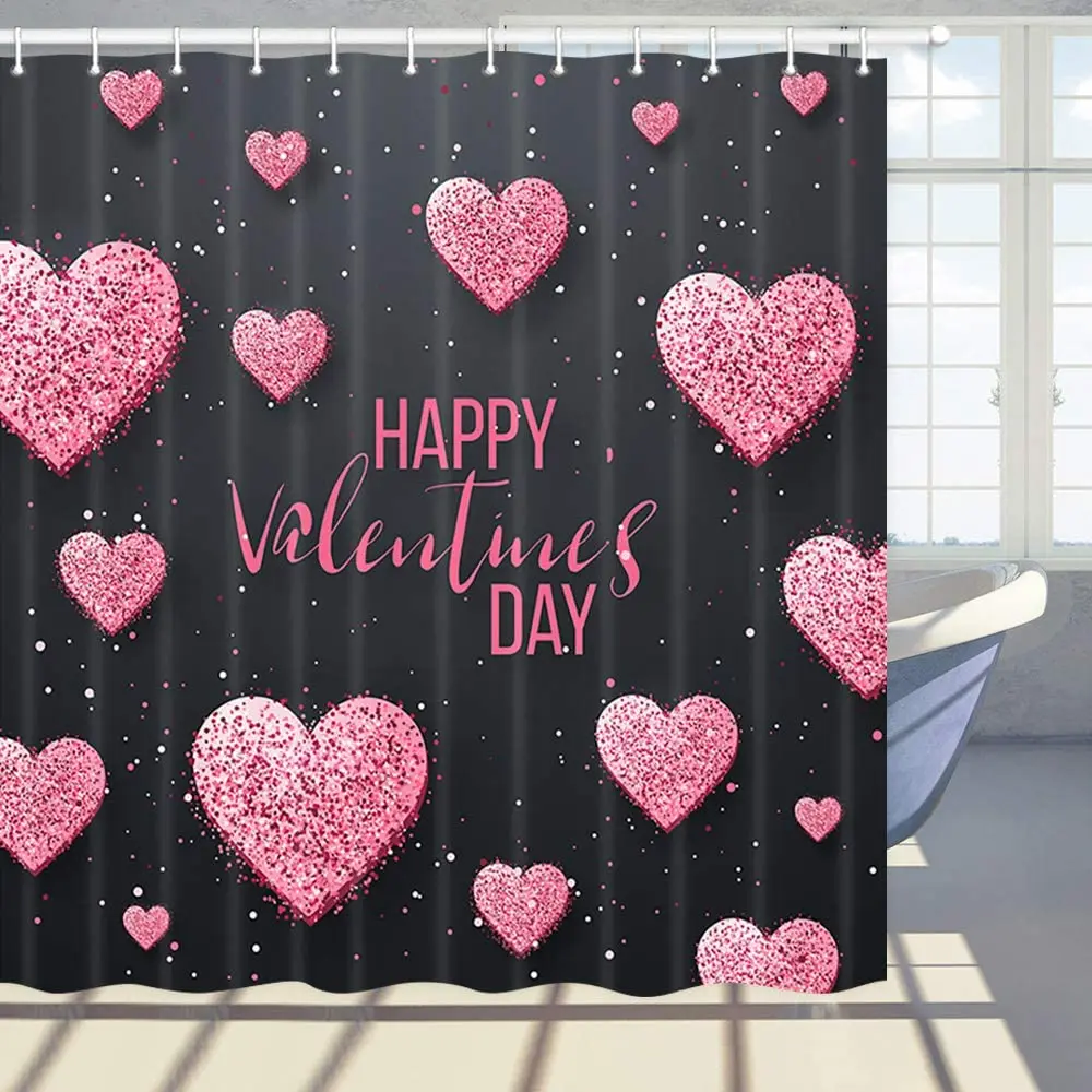 Happy Valentine Day Festive Shower Curtain Glitter Red Hearts on Black Background Polyester Fabric Bath Curtains Set with Hooks