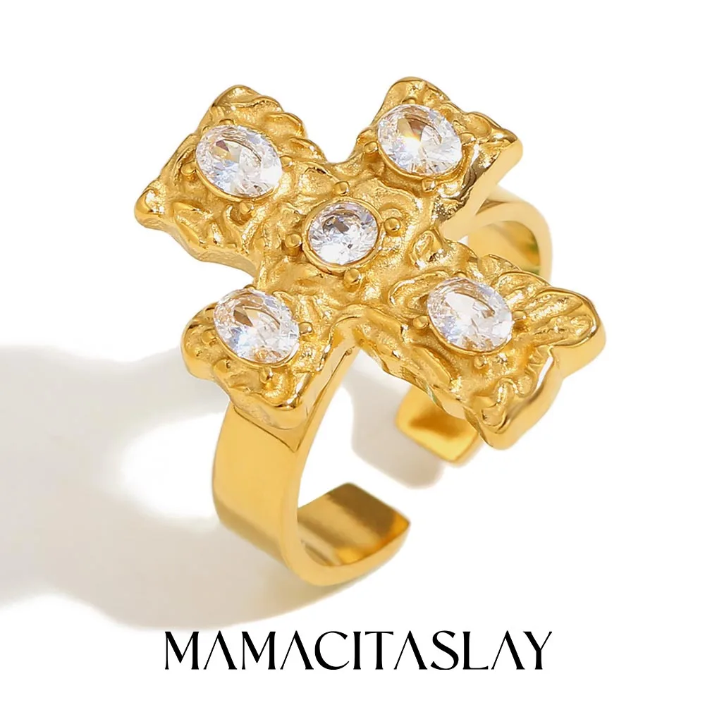 

MamacitaSlay 18K Gold Plated Stainless Steel Zircon Irregular Texture Cross Open Ring Unique Waterproof Jewelry Unisex Gift